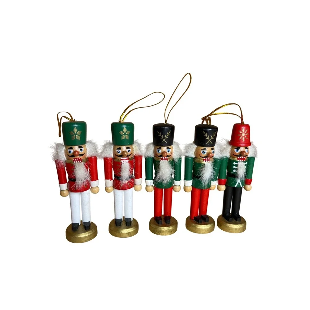Vintage Wooden Nutcracker Soldier Christmas Ornament Set Red Green 5pc
